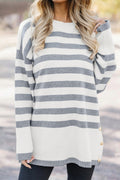 Gray Stripe Ribbed Buttoned Detail Drop Shoulder Tunic Sweater 🇺🇸