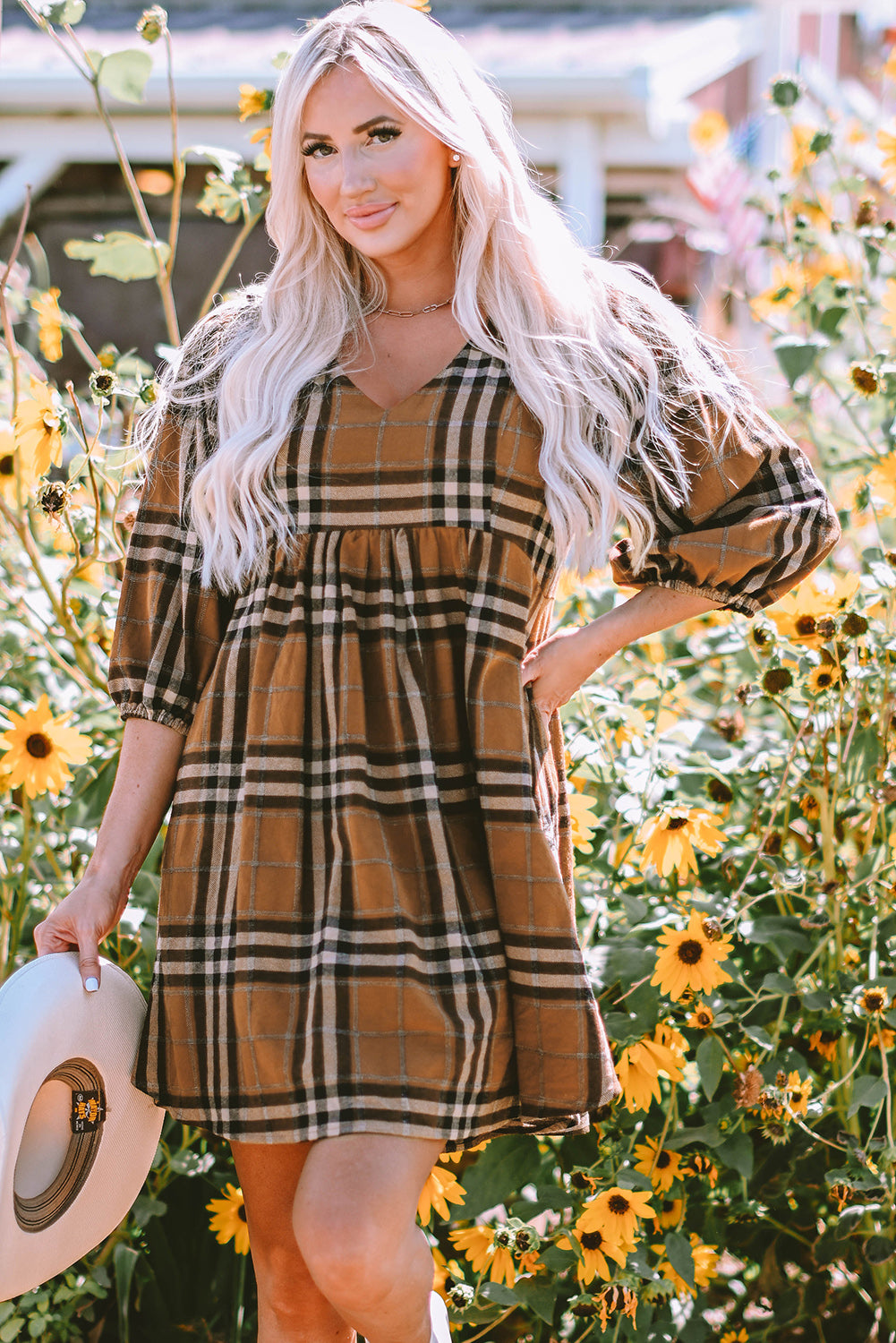 Brown Plaid Pattern Empire Waist Babydoll Dress 🇺🇸