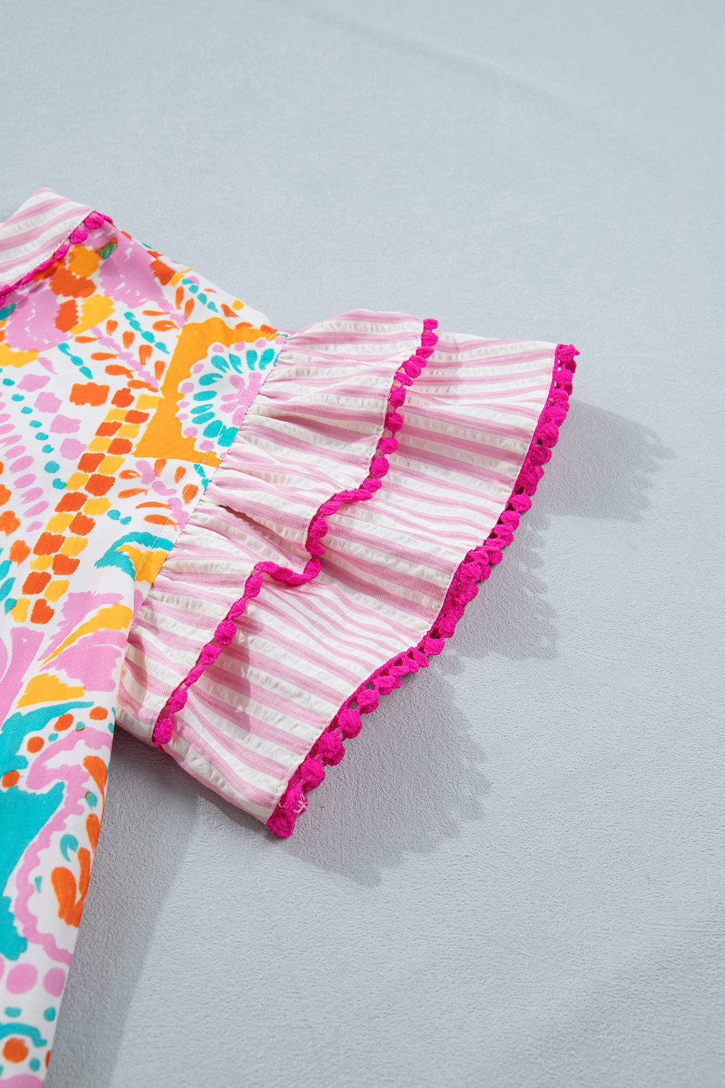 Rose Boho Mixed Print Contrast Trim Striped Patchwork Tiered Short Sleeve Blouse 🇺🇸