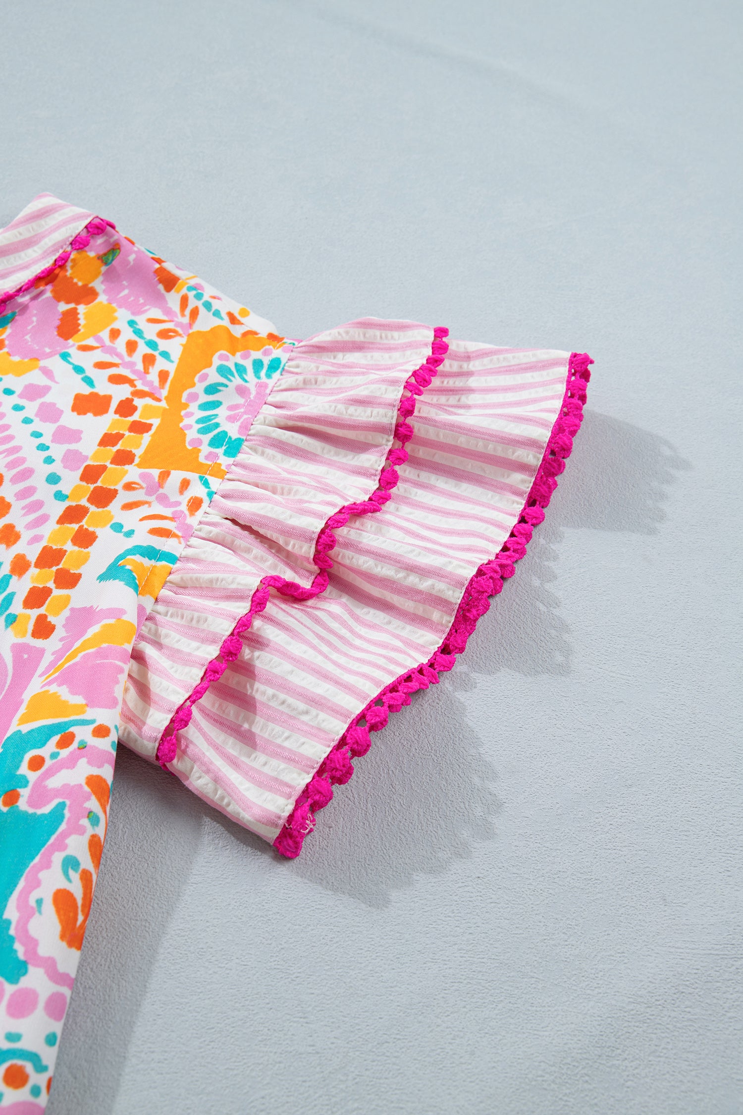 Rose Boho Mixed Print Contrast Trim Striped Patchwork Tiered Short Sleeve Blouse 🇺🇸