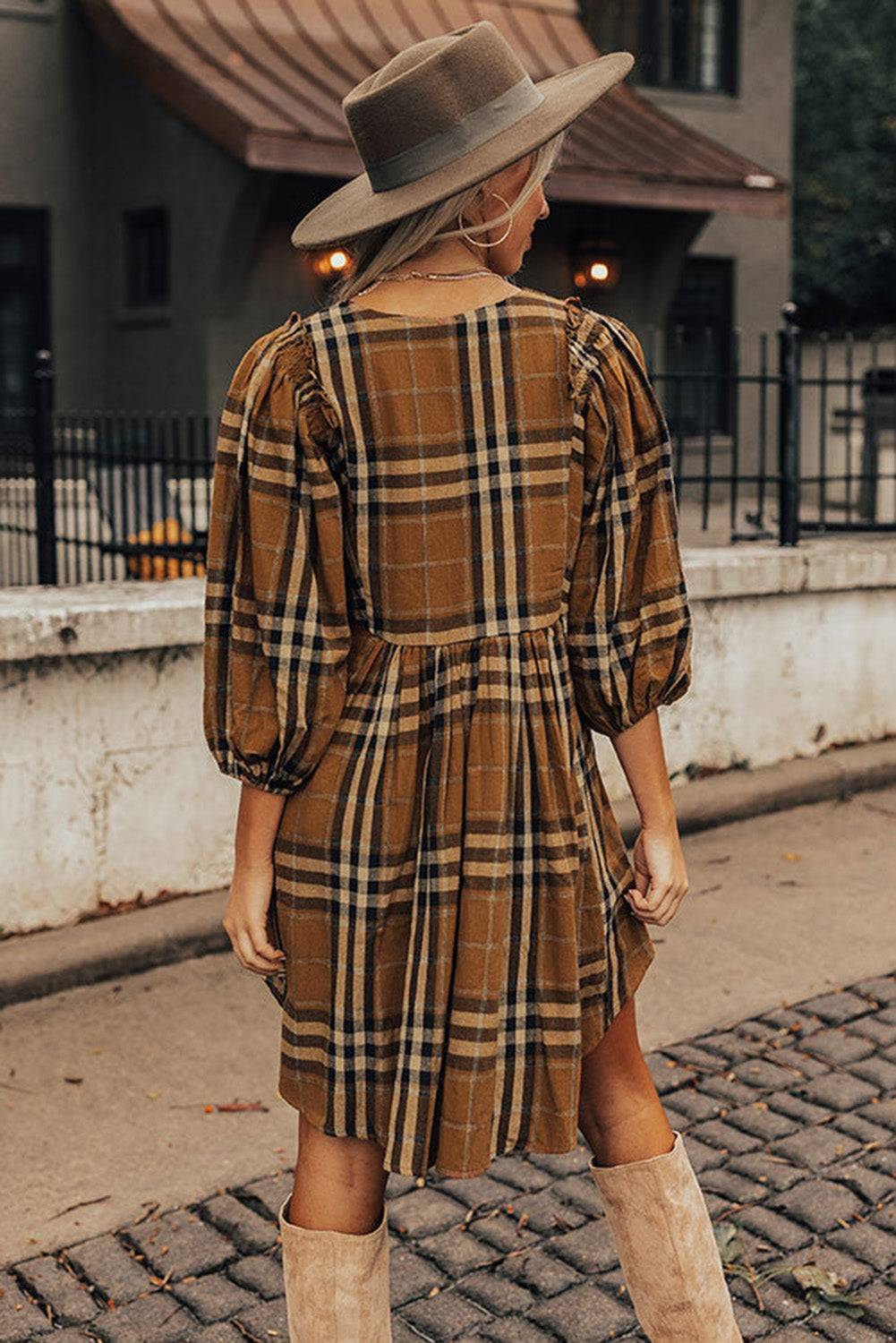 Brown Plaid Pattern Empire Waist Babydoll Dress 🇺🇸