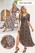 Brown Mesh Leopard Floral Reversible V Neck Short Sleeve Dress 🇺🇸