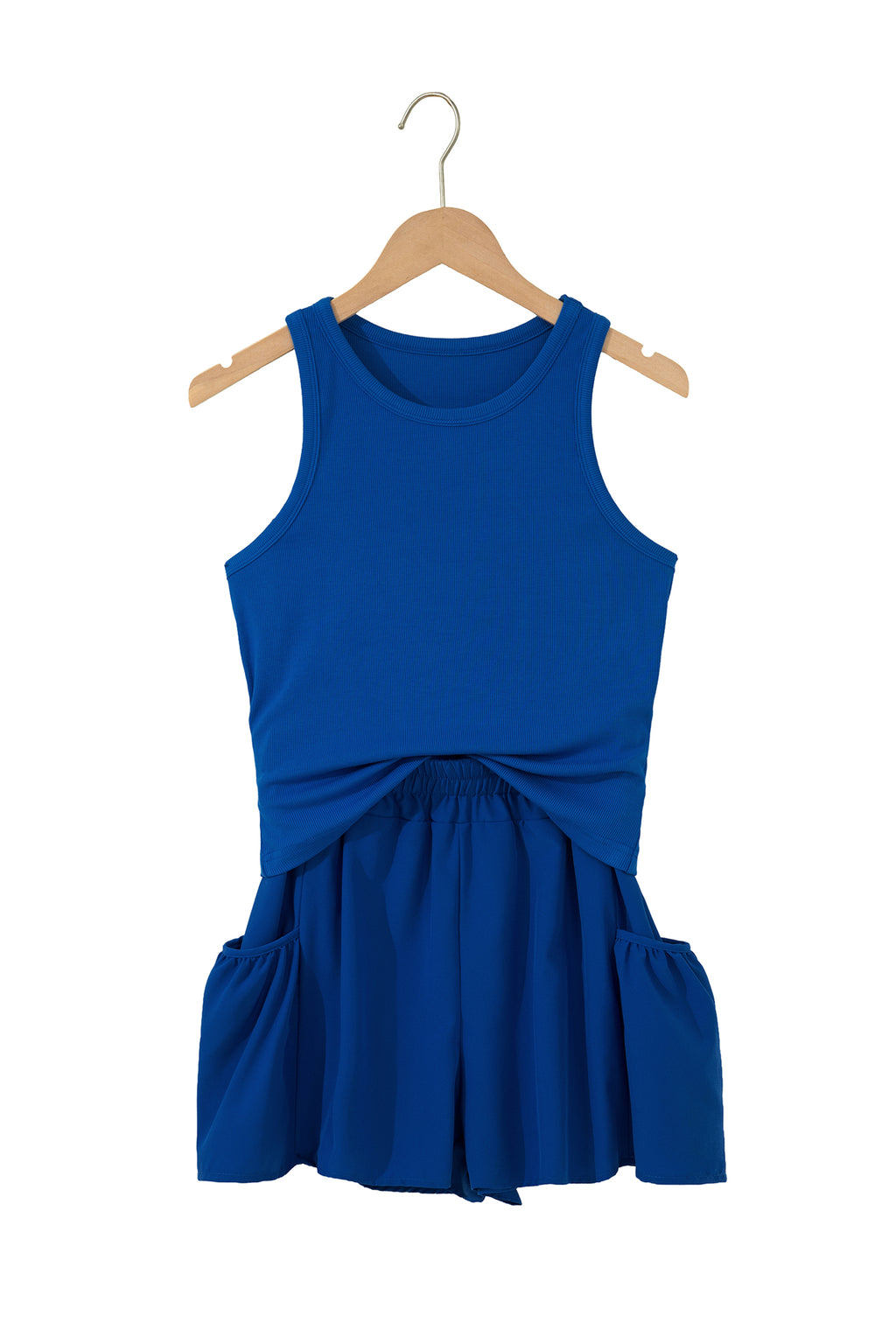 Dark Blue Ribbed Slim Tank Pocketed Wide Leg Shorts Set 🇺🇸