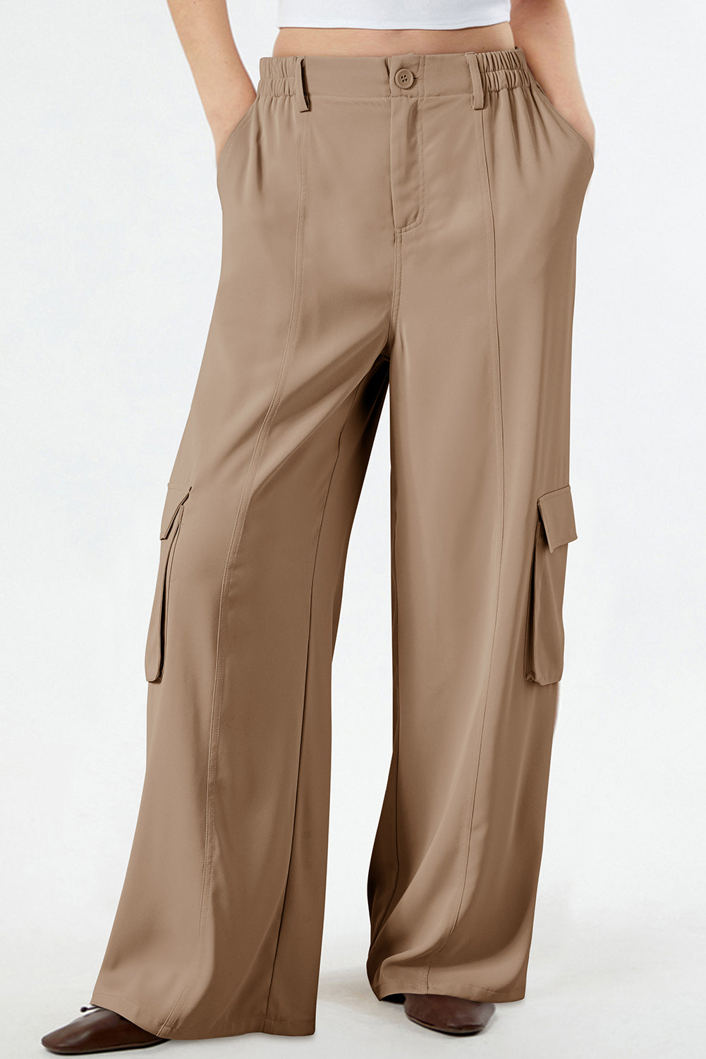 Camel Solid Color Elastic High Waist Loose Cargo Pants 🇺🇸