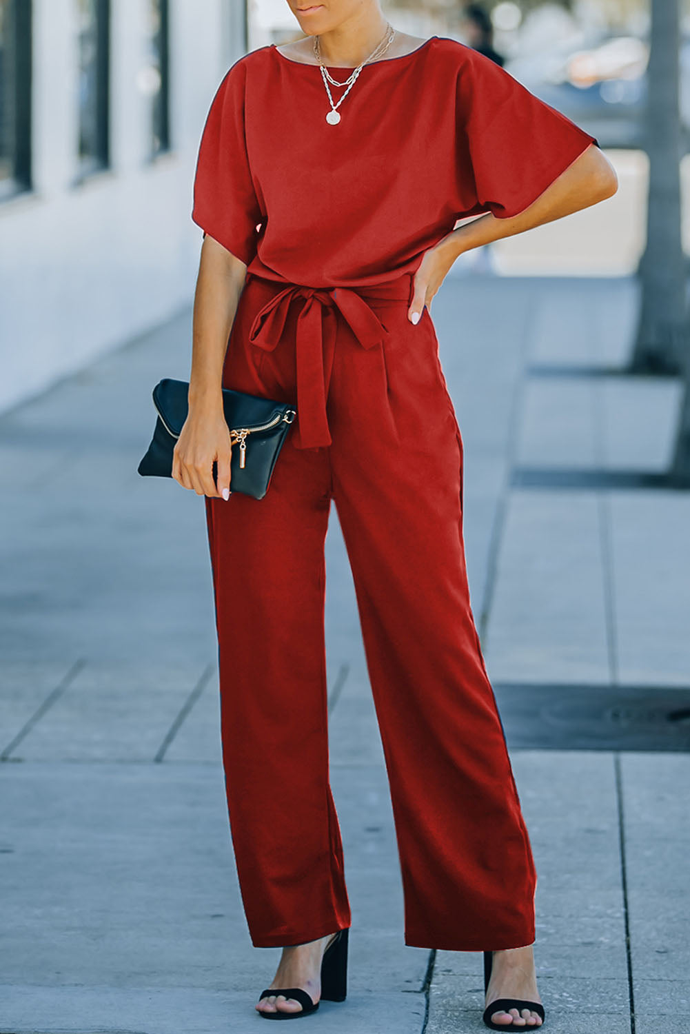 Fiery Red Belted Wide Leg Jumpsuit 🇺🇸