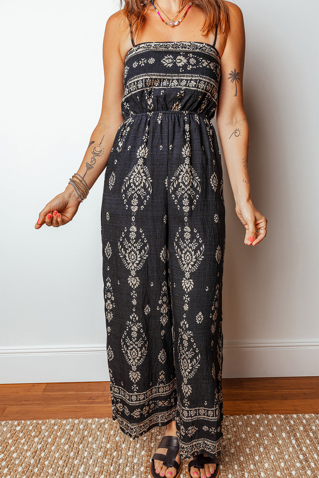 Black Spaghetti Straps Elastic Waist Loose Ethnic Print Jumpsuit 🇺🇸
