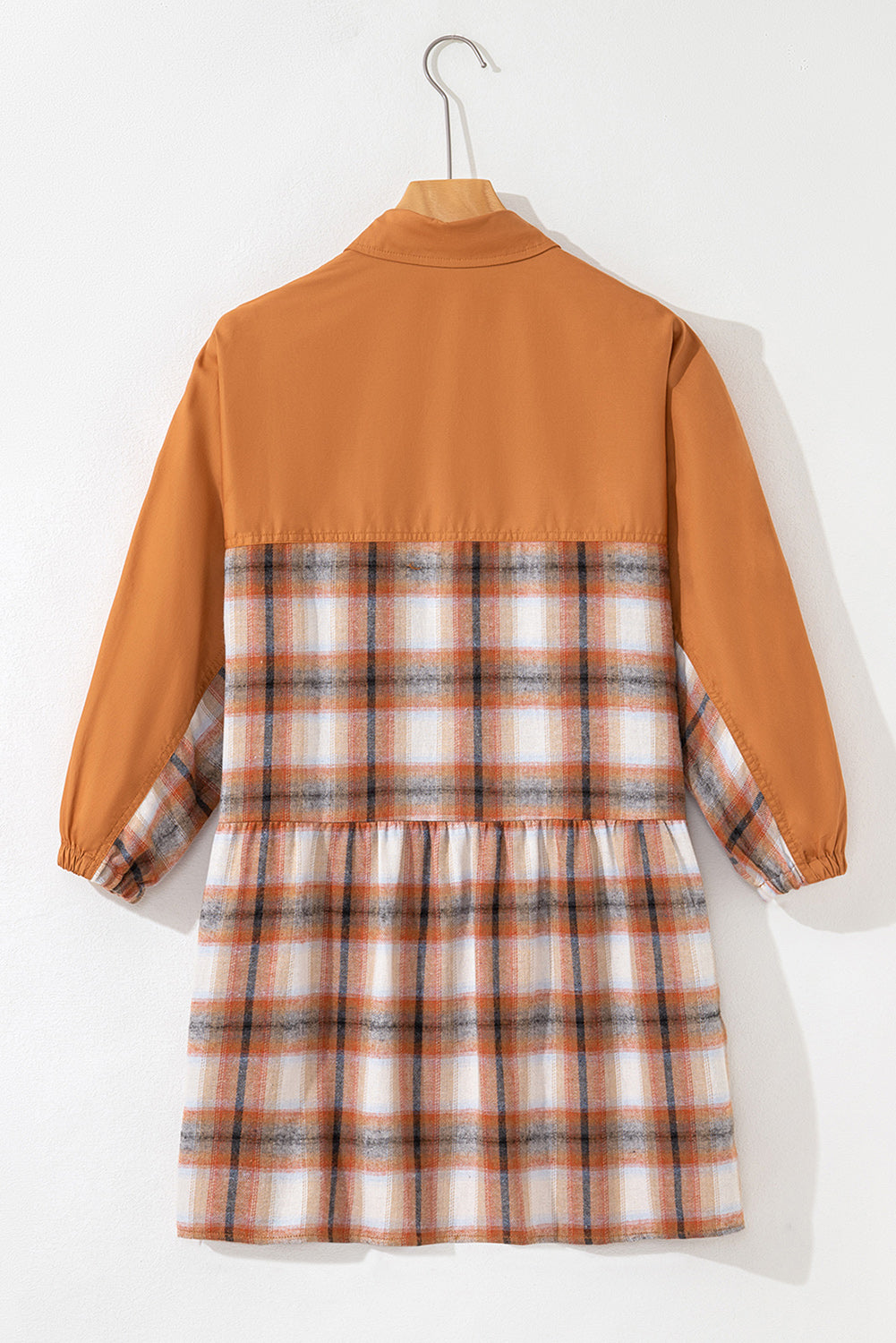 Khaki Plaid Color Block Patchwork Ruffle Hem Tunic Shirt Dress 🇺🇸