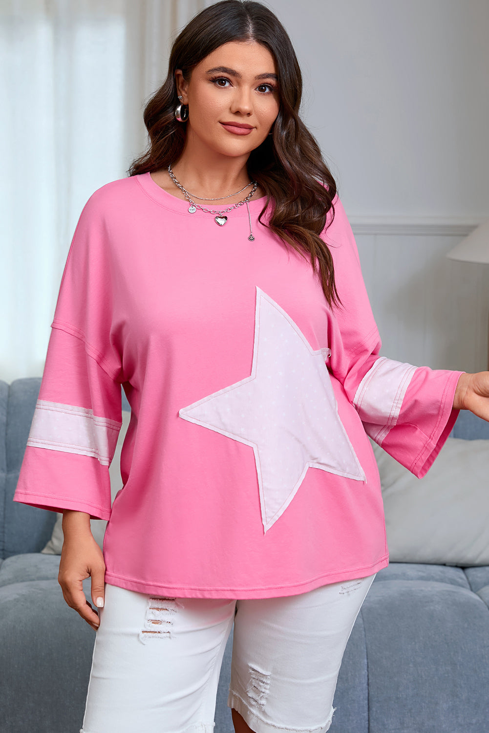 Pink Star Patched Colorblock Raw Edge Bracelet Sleeve Plus Size Loose Tee 🇺🇸