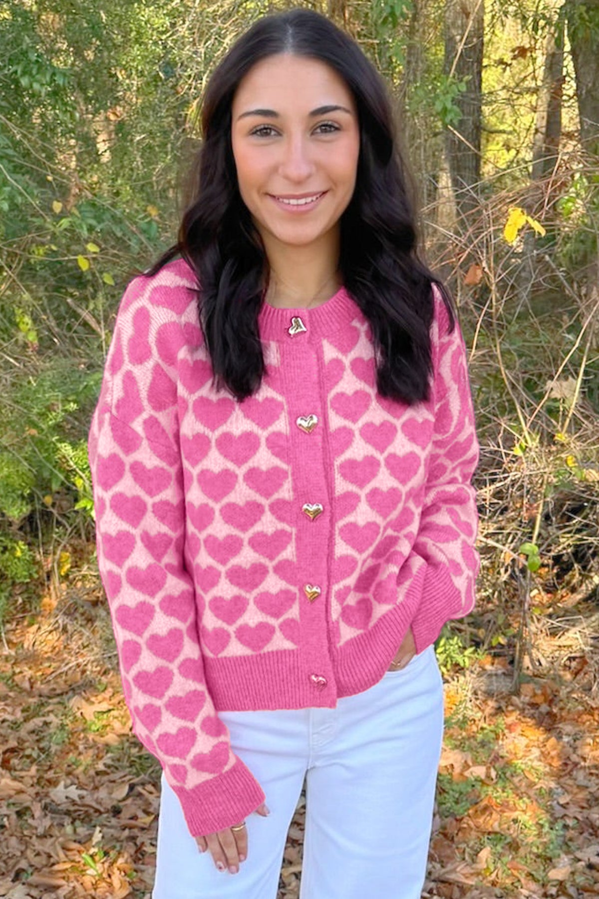 Pink Heart Pattern Drop Shoulder Long Sleeve Button Front Cardigan 🇺🇸