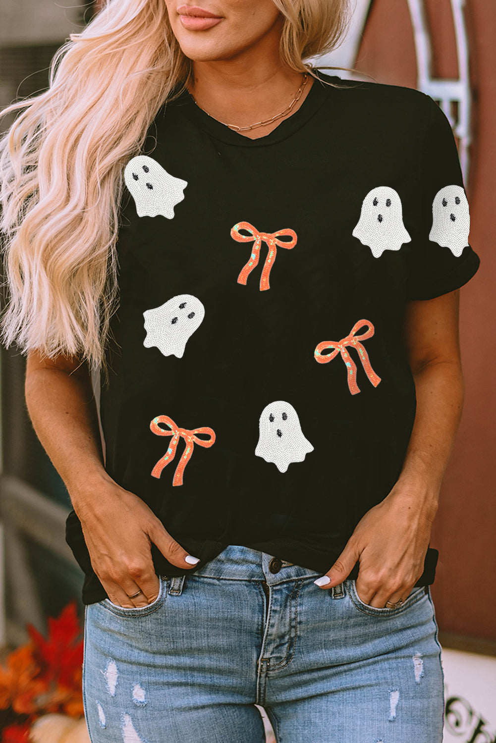 Black Sequin Bow Ghost Patched Halloween Graphic Tee 🇺🇸