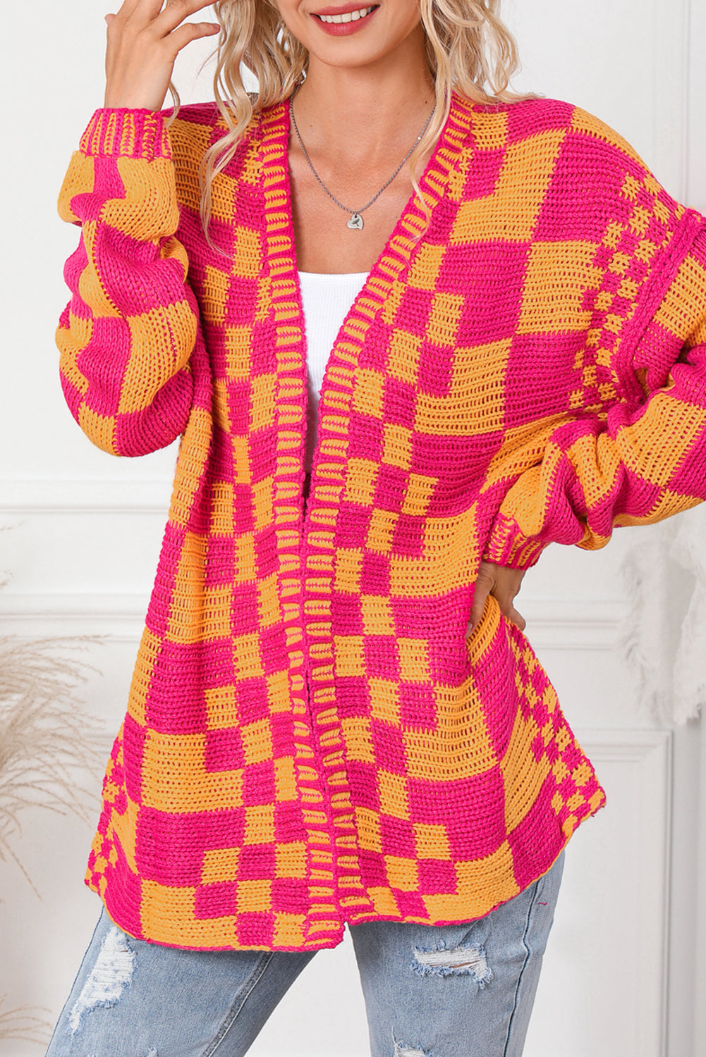 Multicolor Open Front Mixed Checkered Pattern Knit Cardigan 🇨🇳