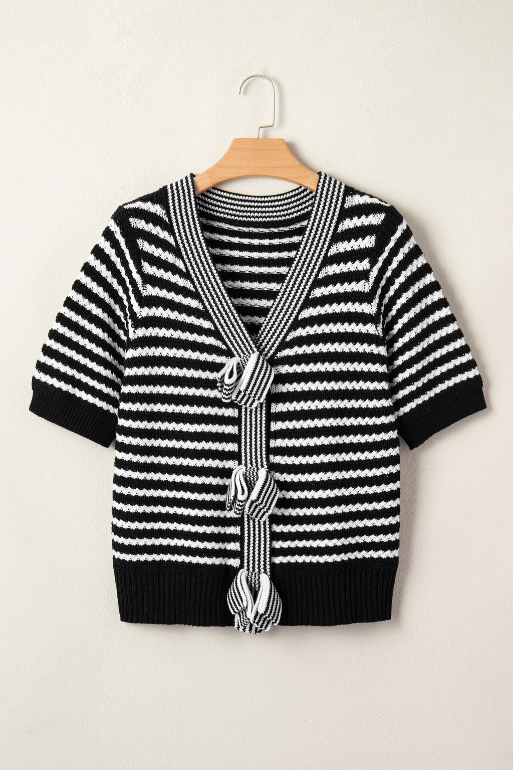 Black Stripe Short Sleeve Knit V Neck Bow Knot Sweater 🇺🇸