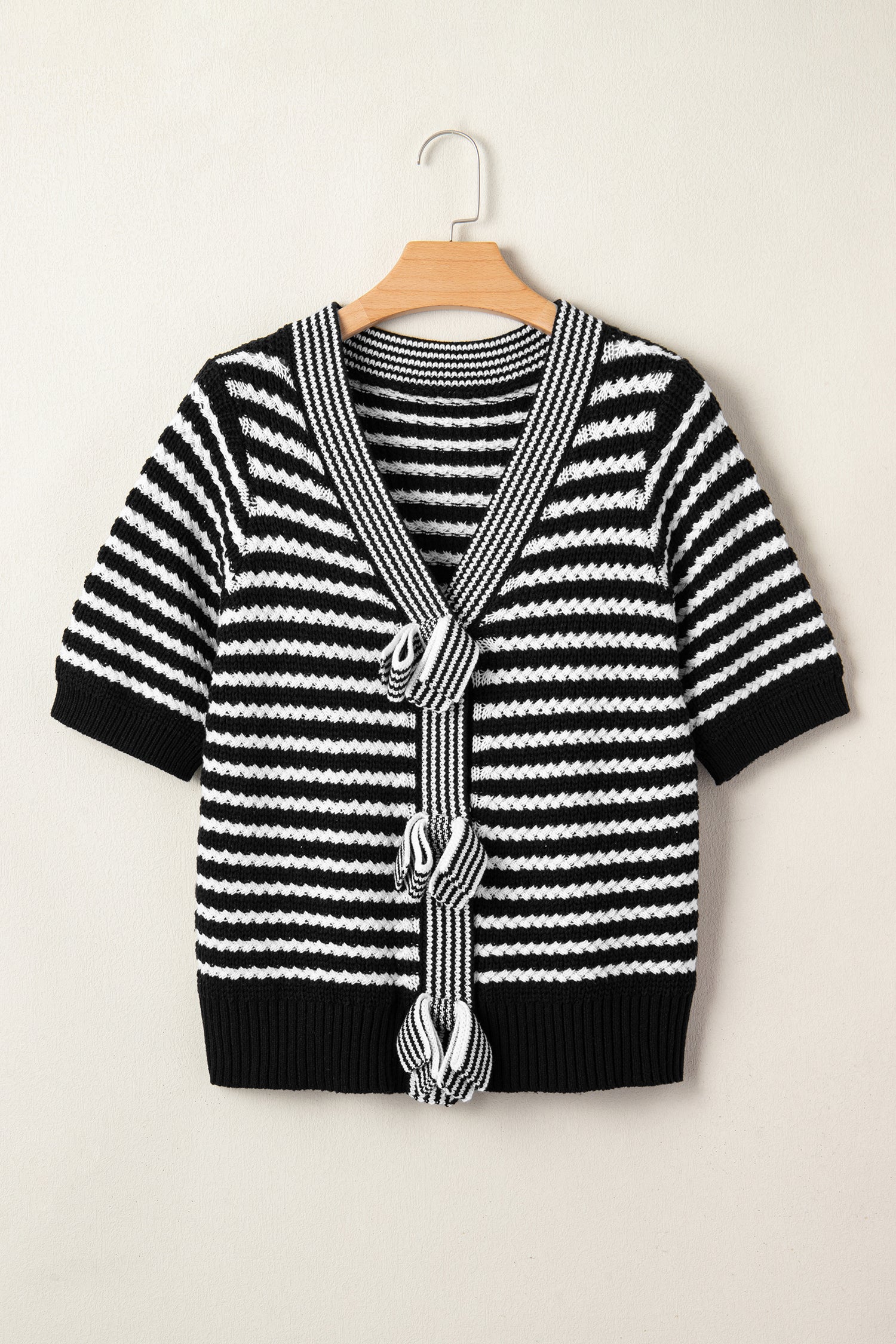 Black Stripe Short Sleeve Knit V Neck Bow Knot Sweater 🇺🇸