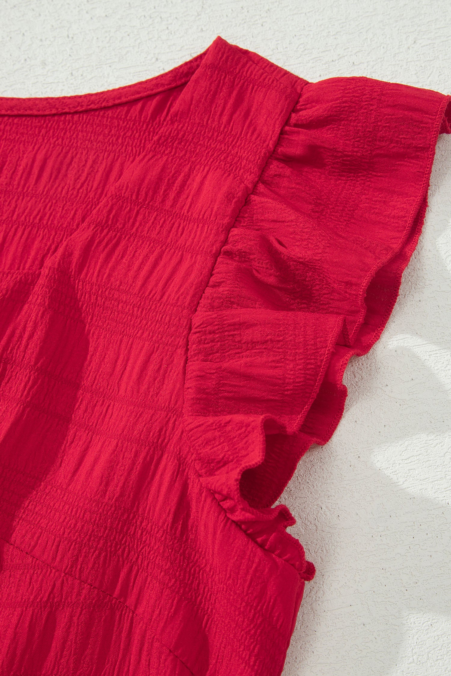 Fiery Red Textured Square Neck Top and Shirred High Waist Shorts Set 🇺🇸