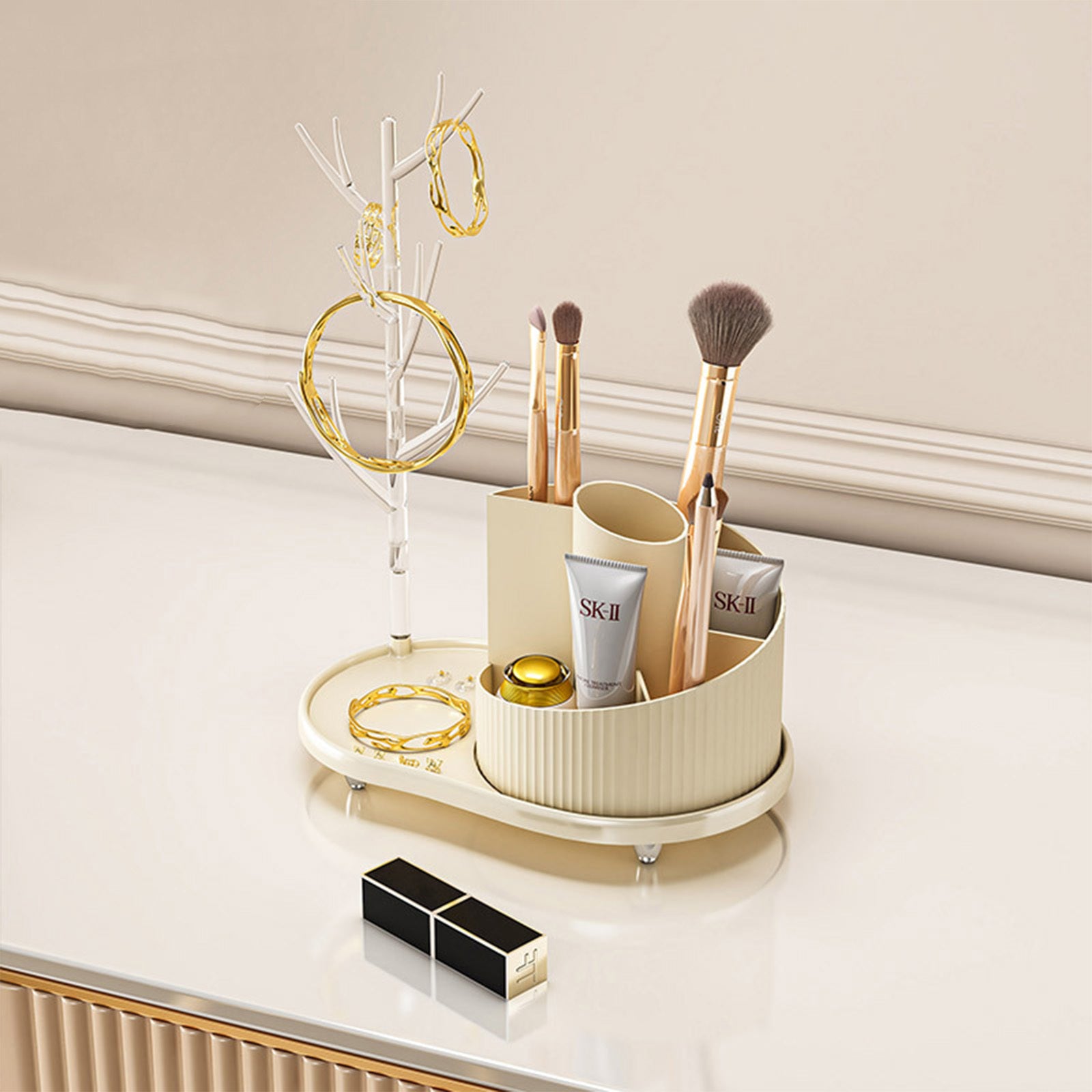 Rotating Makeup Organizer With Jewelry Storage  Large Capacity Cosmetic Display Case Holds 20 Brushes, 10 Lipsticks, 8 Skincare Products 360 Spinning Vanity Organizer For Countertop & Bathroom 🇨🇳