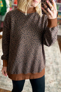 Brown Leopard Print High Neck Long Sleeve Ribbed Cuffs Hem Sweatshirt 🇺🇸