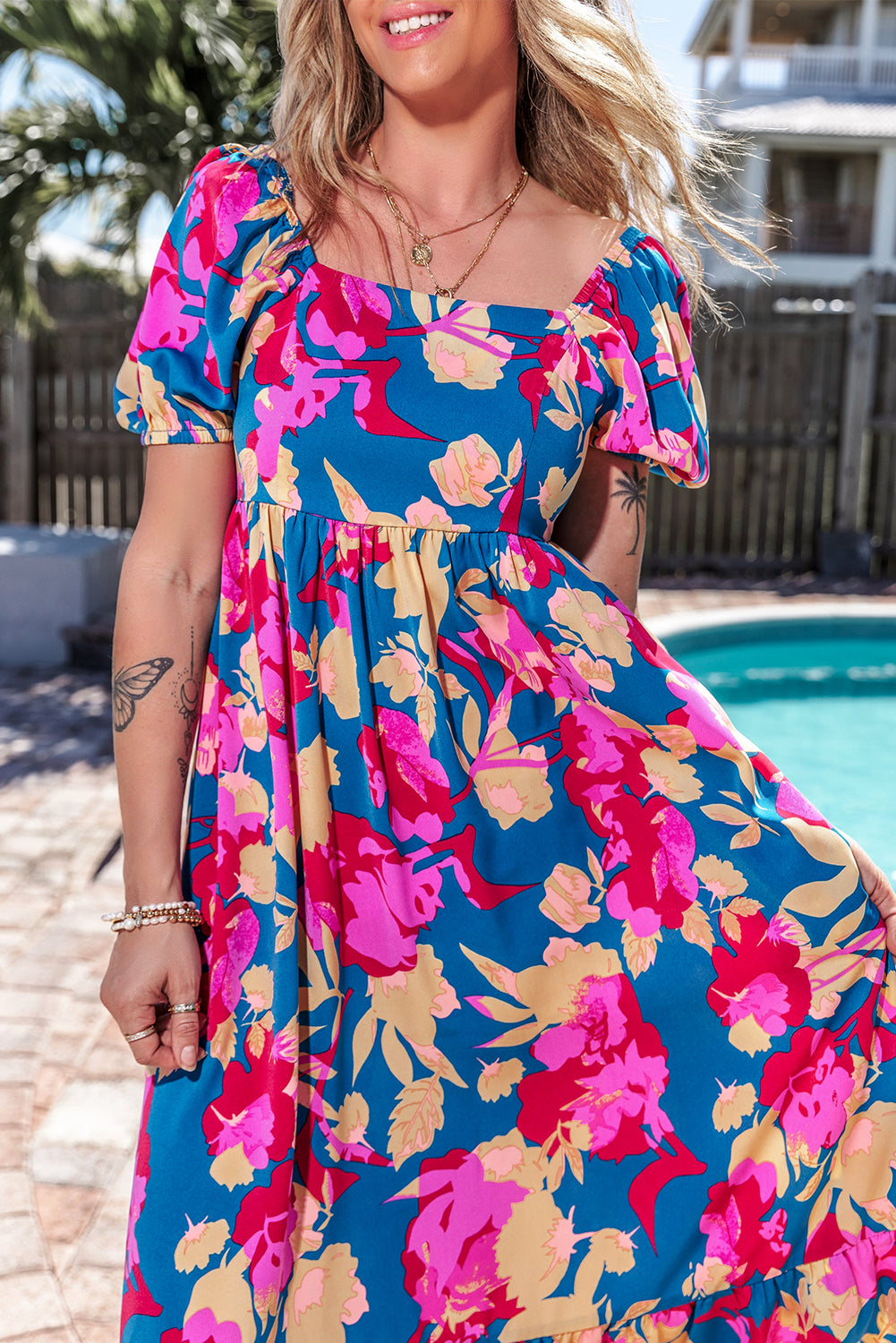 Dark Blue Square Neck Bubble Sleeve Ruffled Floral Dress 🇺🇸