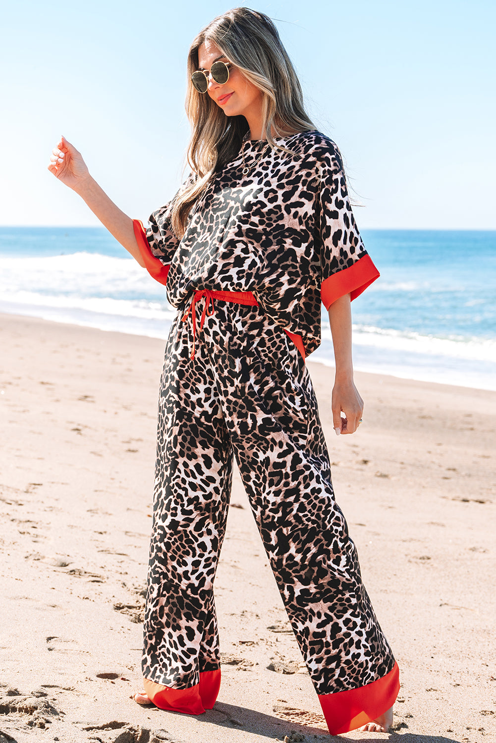 Brown Animal Print Color Contrast Edge Loose Fit Pants Set 🇺🇸