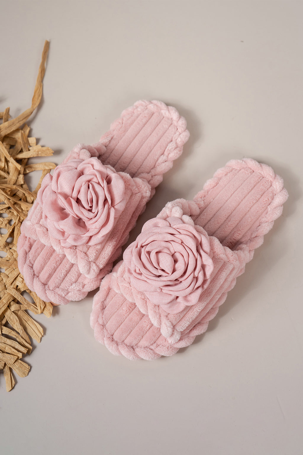 Pink Solid Color 3D Flower Accent Corded Ribbed Open Toe Slippers 🇺🇸