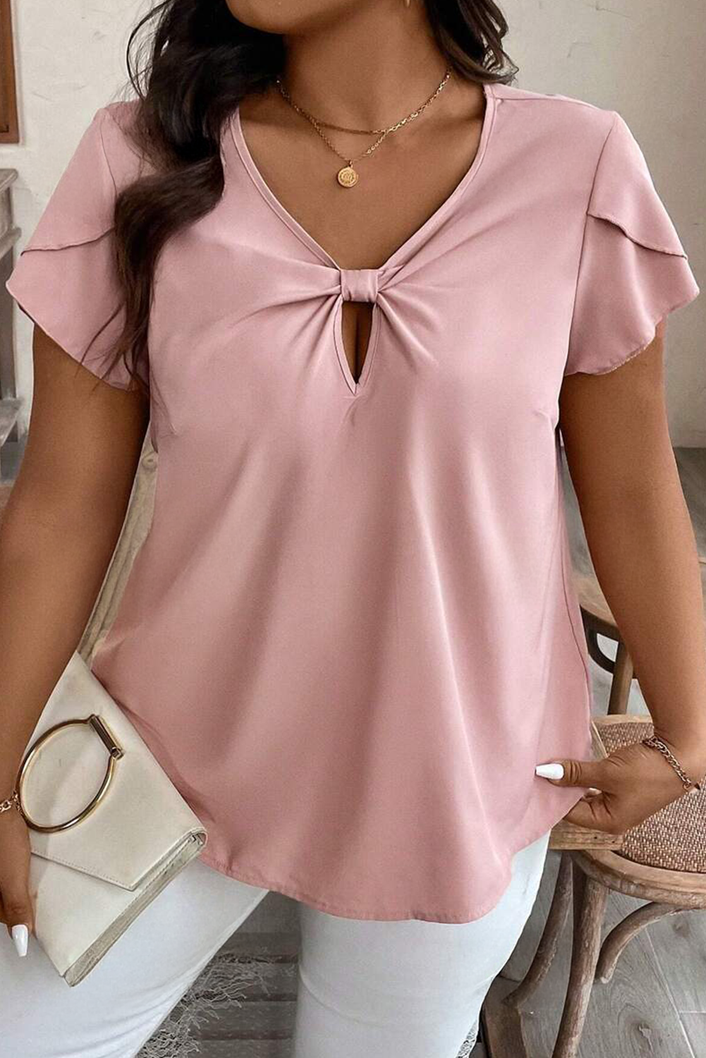 Pink Knotted Keyhole Front Petal Short Sleeve Plus Size Top 🇨🇳