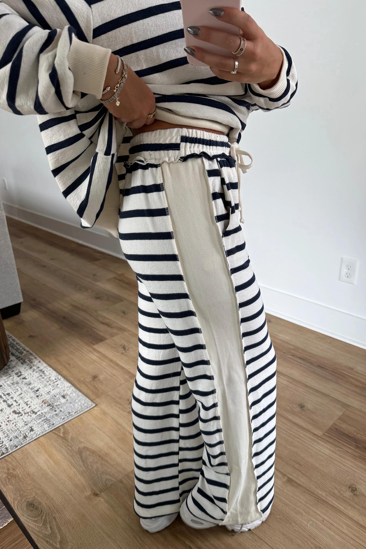 Blue Stripe Striped Ribbed Cuff Collar Pocket Loose Pant Set 🇺🇸