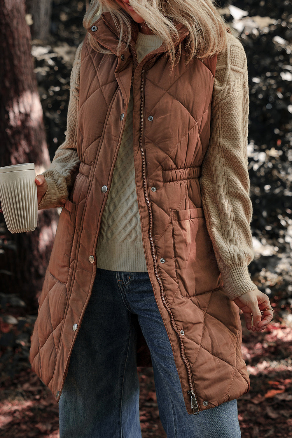 Coffee Longline Quilted Stand Collar Puffer Vest 🇺🇸