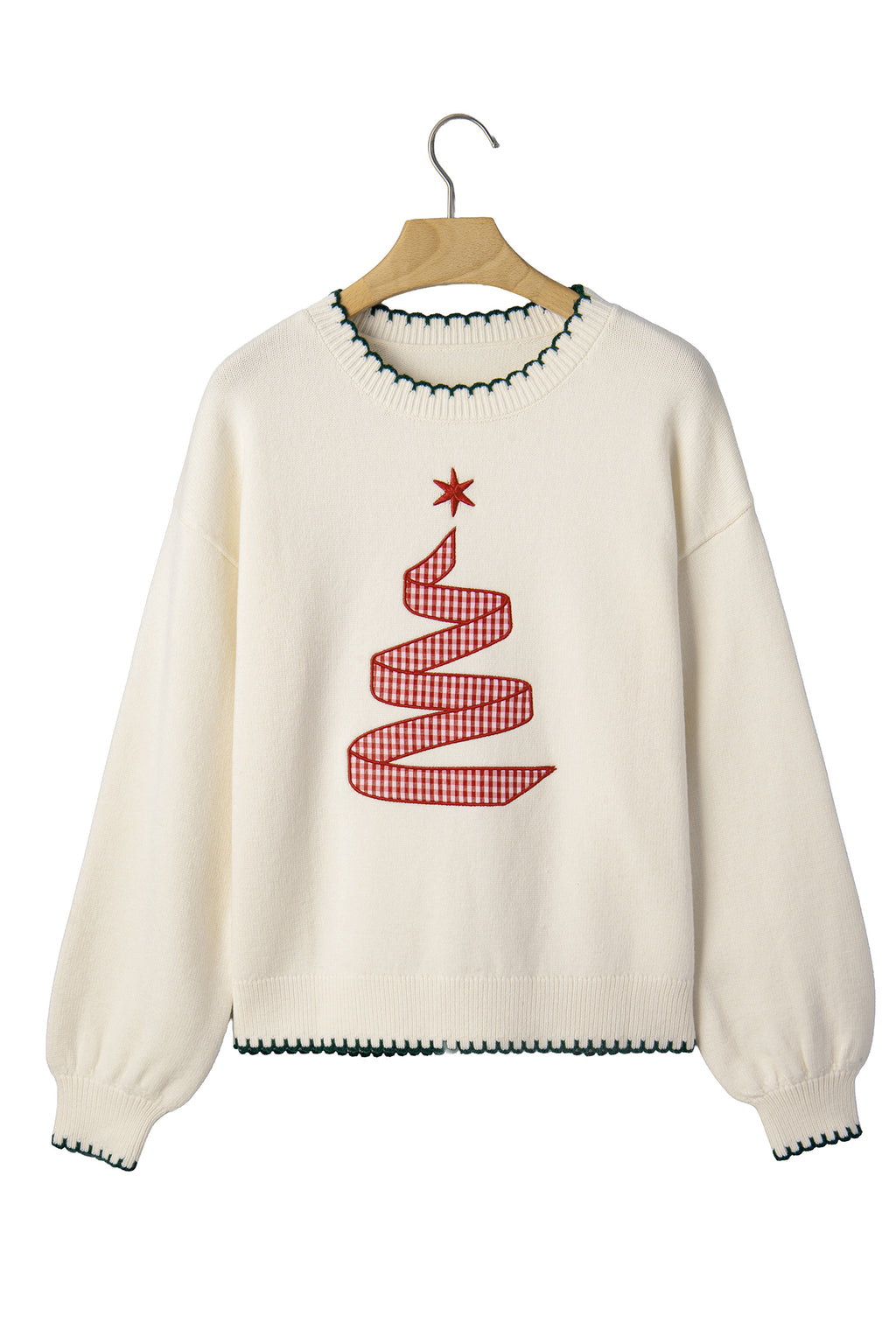 Beige Stitched Detail Christmas Tree Holiday Casual Sweater 🇺🇸