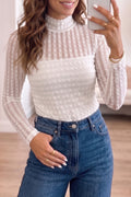 Beige Textured Sheer Lace High Neck Long Sleeve Top 🇺🇸