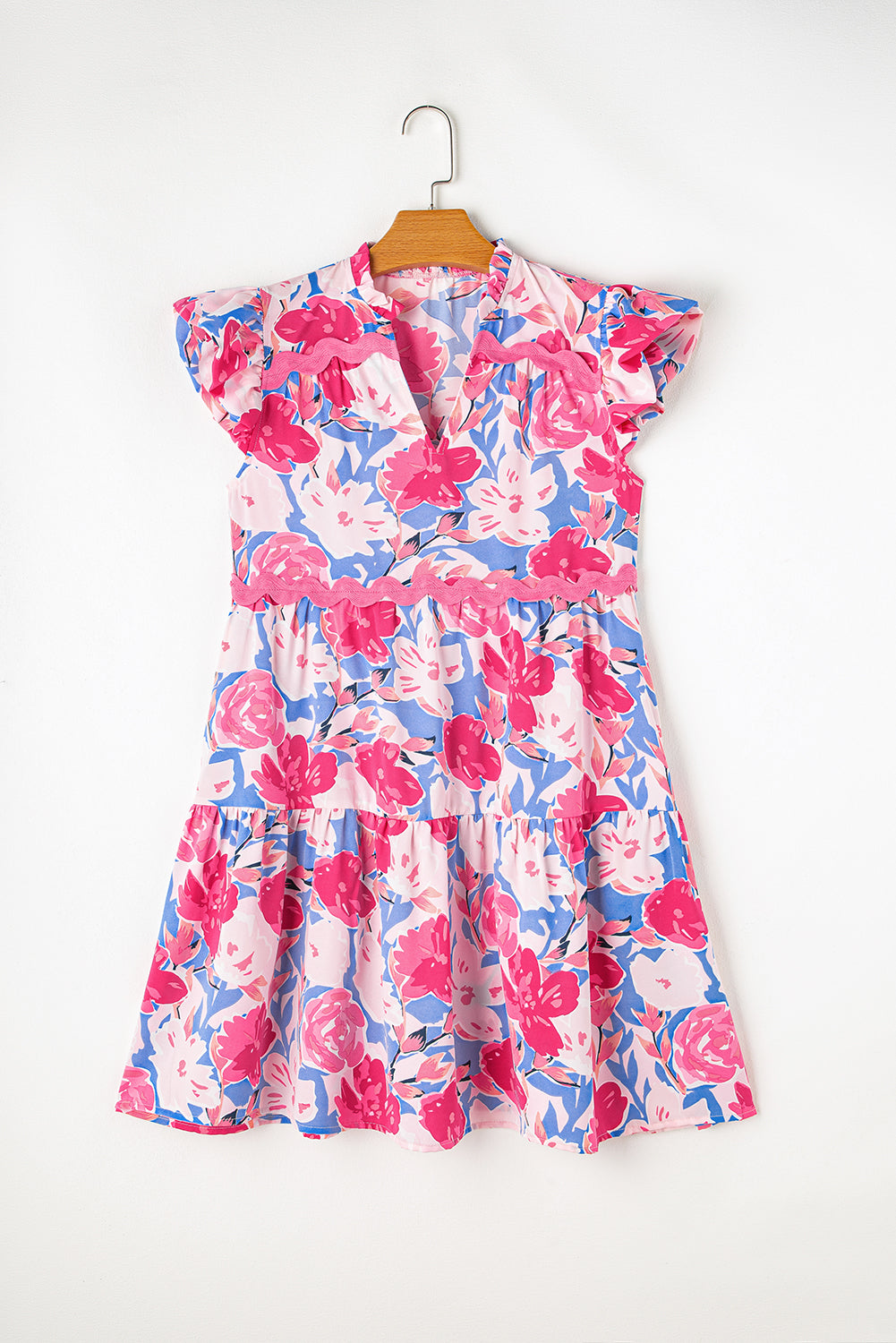 Pink Floral Printed V Notched Ric Rac Flutter Sleeve Dress 🇺🇸
