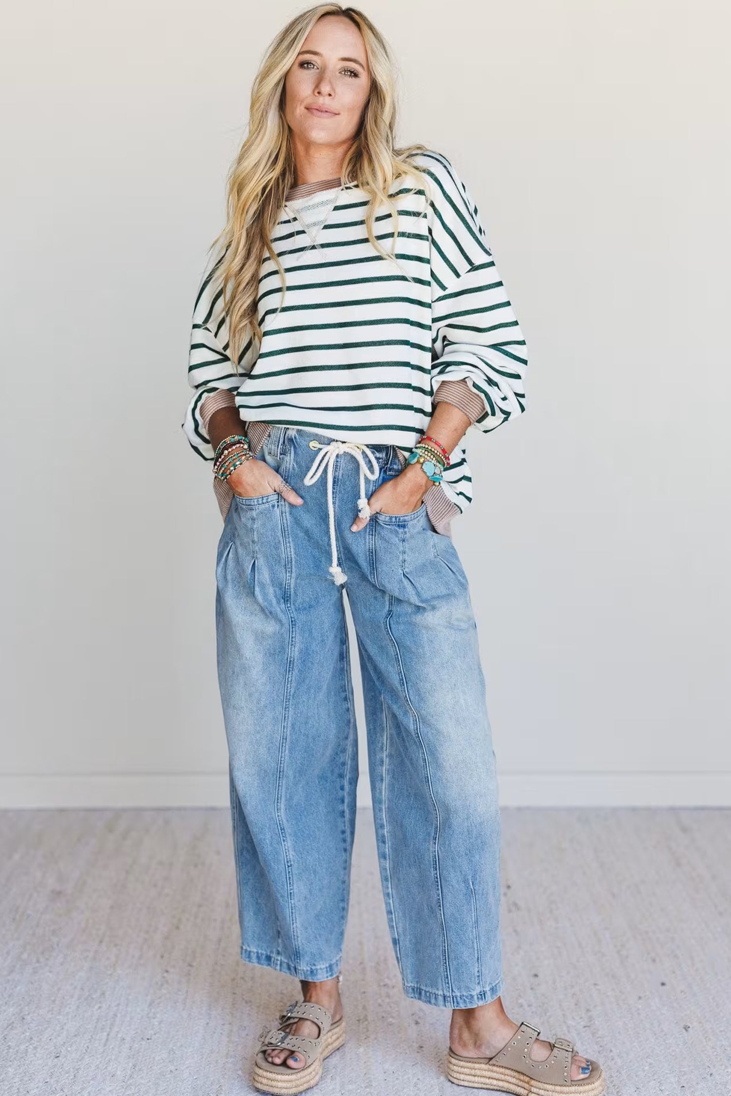 White Stripe Twisted Ribbed Patchwork Drop Shoulder Round Neck Sweatshirt 🇺🇸