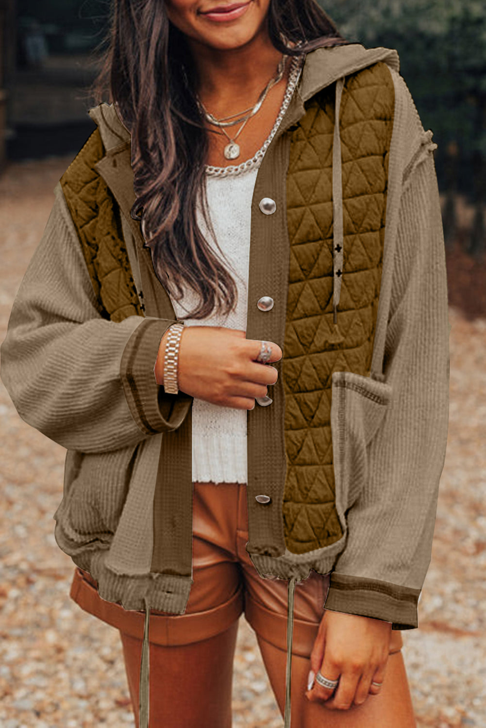 Jungle Green Quilted Textured Patchwork Loose Fit Hooded Jacket 🇺🇲