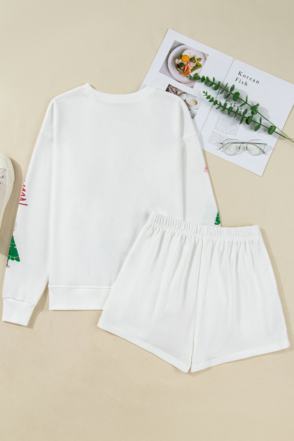 White Stripe Multi Christmas Tree Long Sleeve Top and Shorts 2pcs Lounge Set 🇺🇸