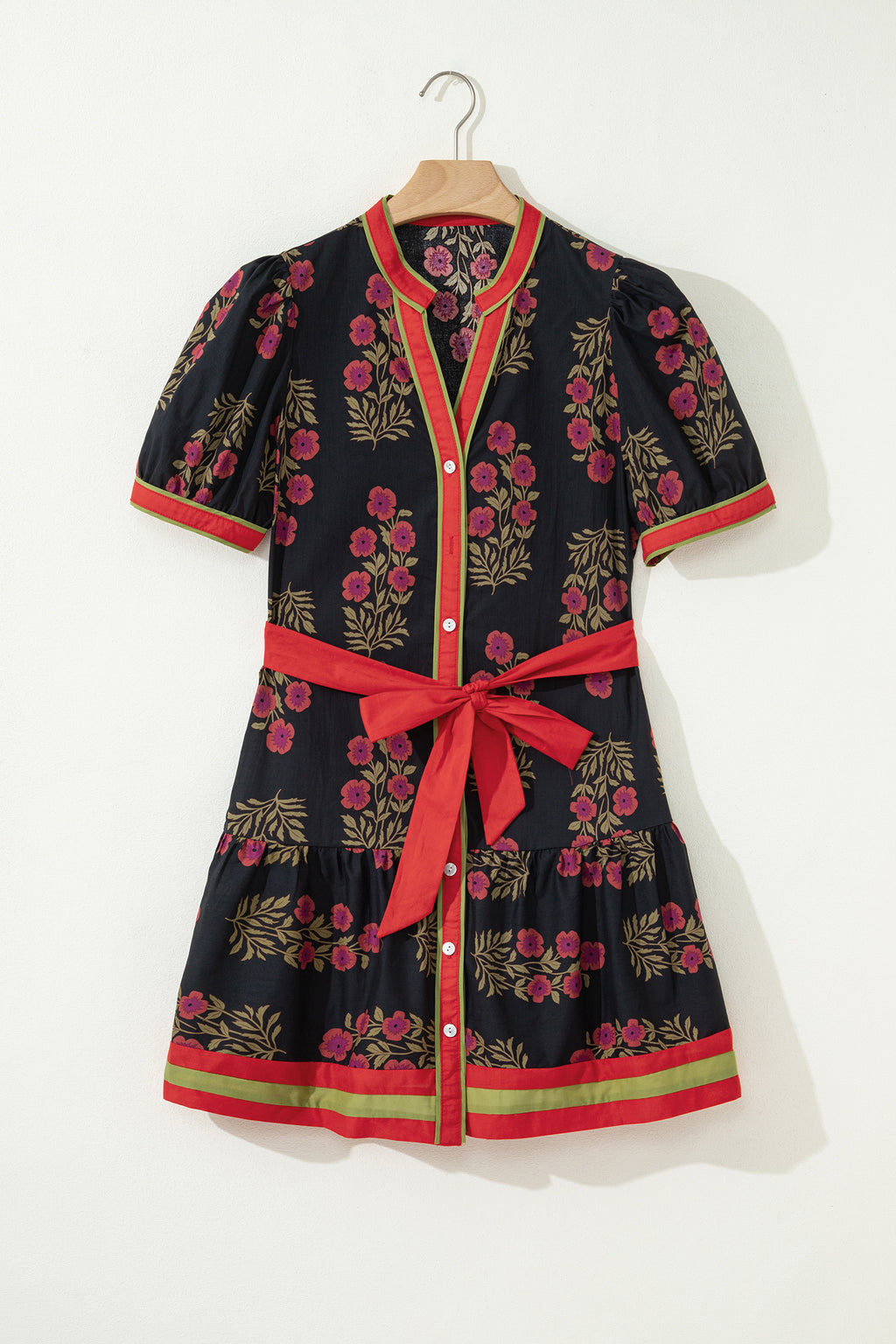 Black Retro Floral Print Button Down Belted Short Puff Sleeve Mini Dress 🇺🇸