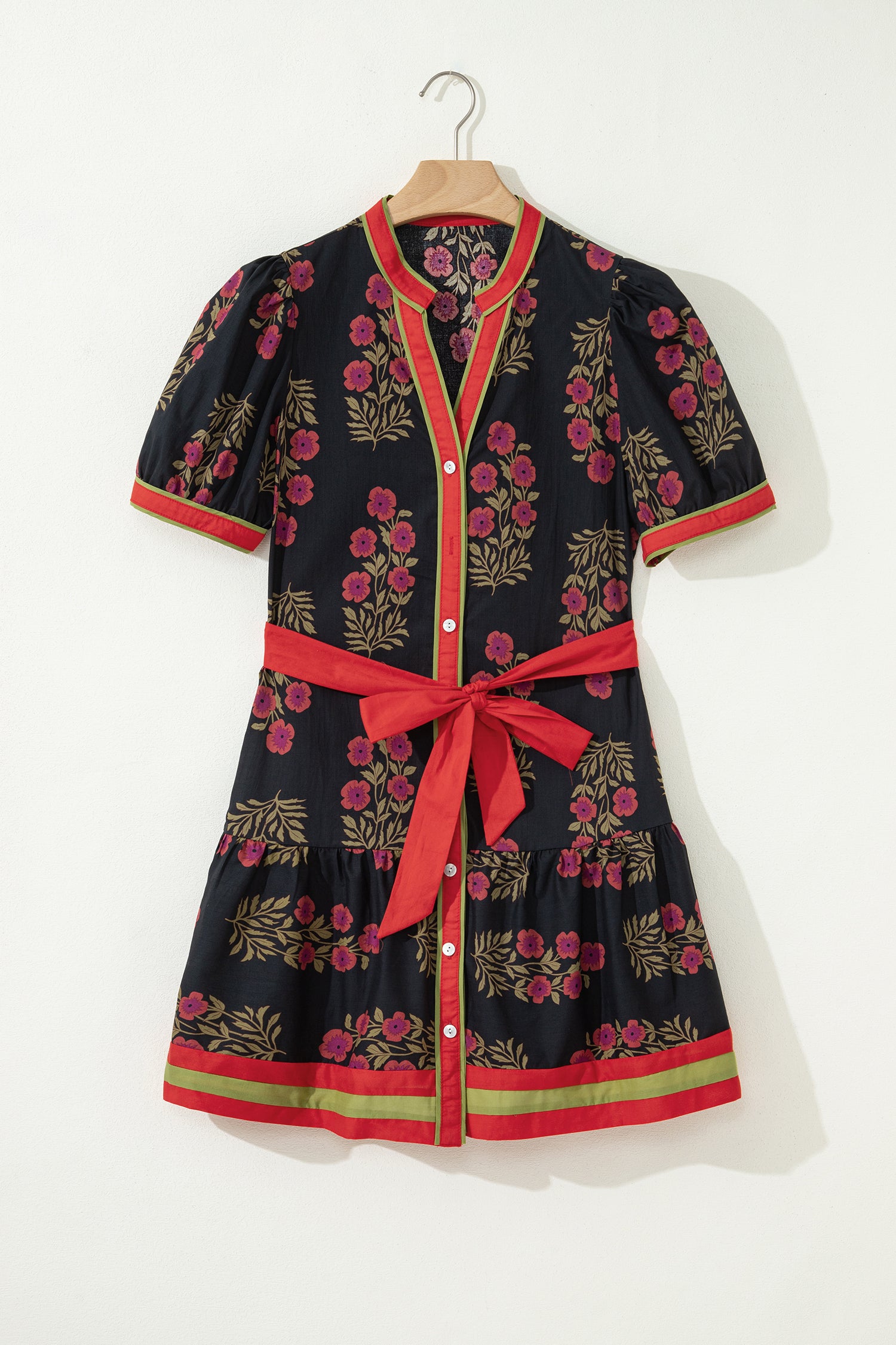 Black Retro Floral Print Button Down Belted Short Puff Sleeve Mini Dress 🇺🇸