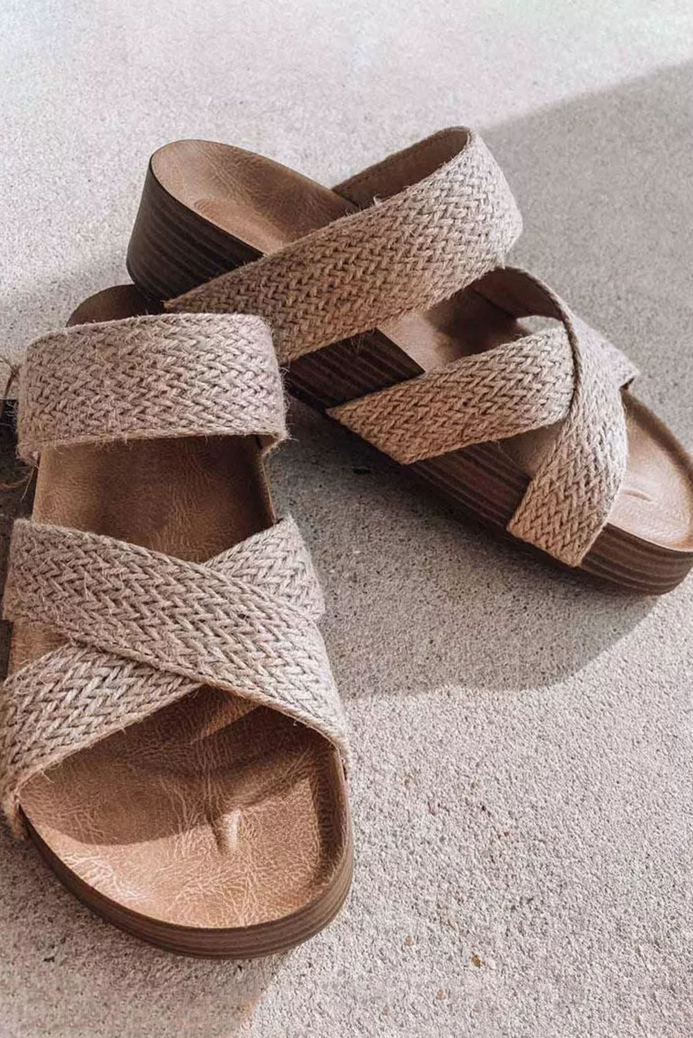 Beige Woven Cross Criss Hollowed Slip-On Slippers 🇨🇳