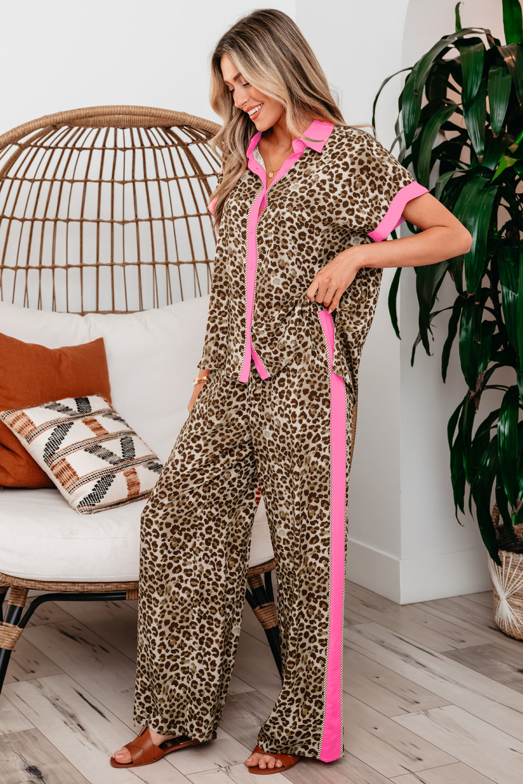 Brown Contrast Trim Leopard Top and Pant Set 🇺🇸