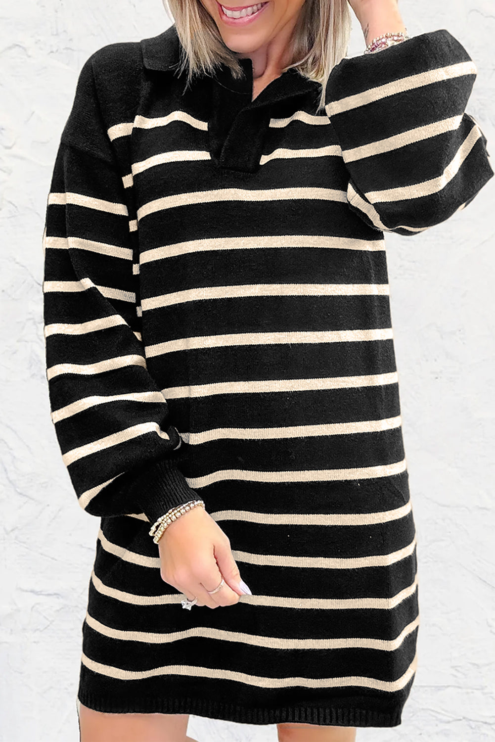 Black Stripe Polo Collar Puff Sleeve Sweater Mini Dress 🇺🇸