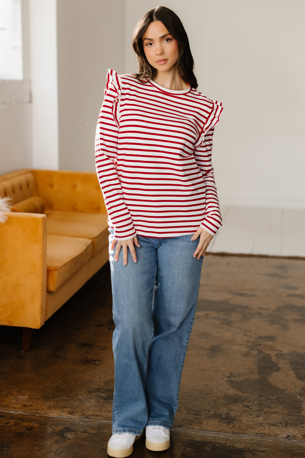 Red Stripe Round Neck Ruffle Trim Long Sleeve Top 🇺🇸