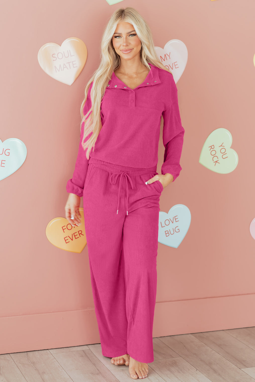 Peach Blossom Half Button Pullover Drawstring Pants Solid Color Corduroy 2pcs Outfit 🇺🇸