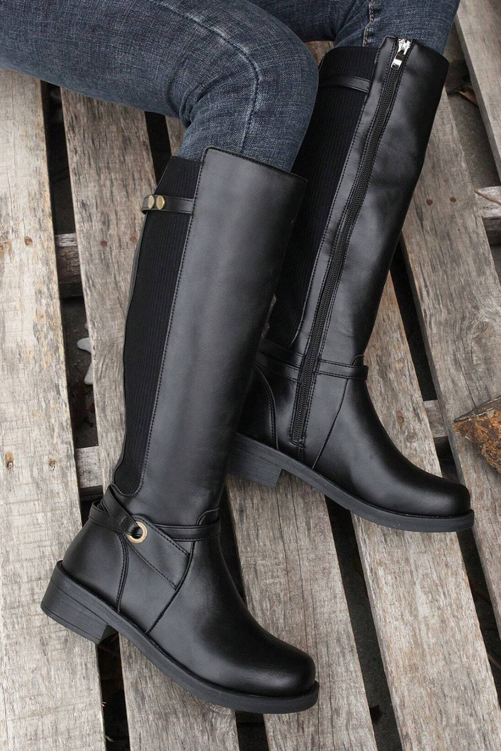 Black Side Zipper Knee High Chunky Low Heel Boots 🇨🇳