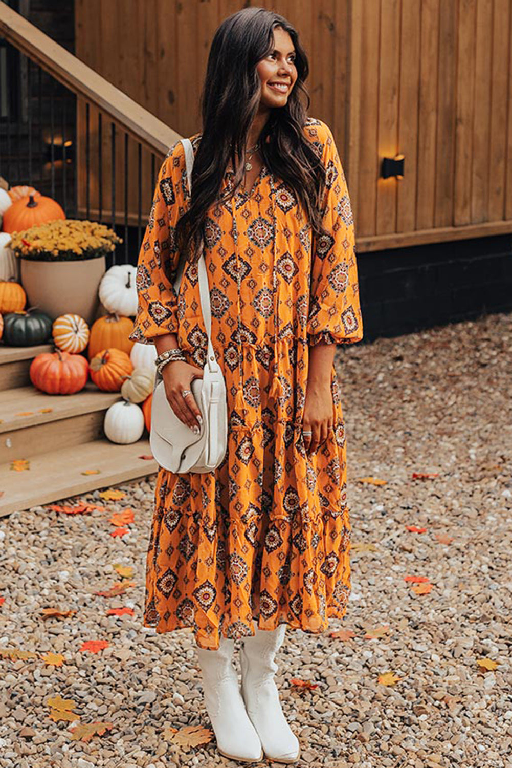 Orange Western Geometric Print Tiered Frilled Loose Fit Midi Dress 🇺🇲