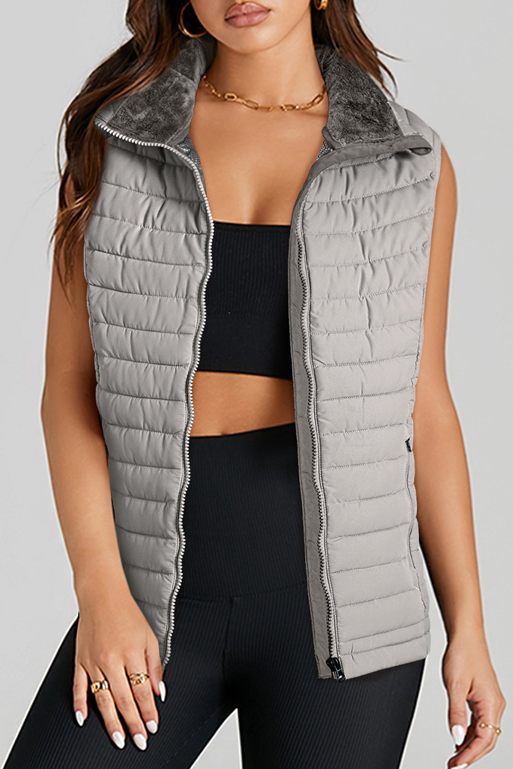 Silvery Plush Collared Quilted Zipped Puffer Vest 🇺🇸