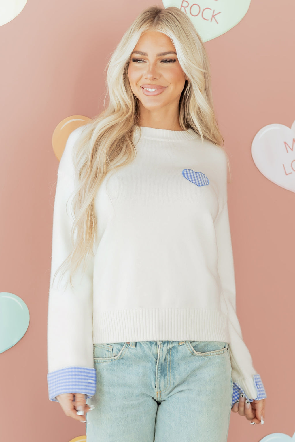 White Plaid Heart Embroidered Cuffed Drop Shoulder Crew Neck Sweater 🇺🇸