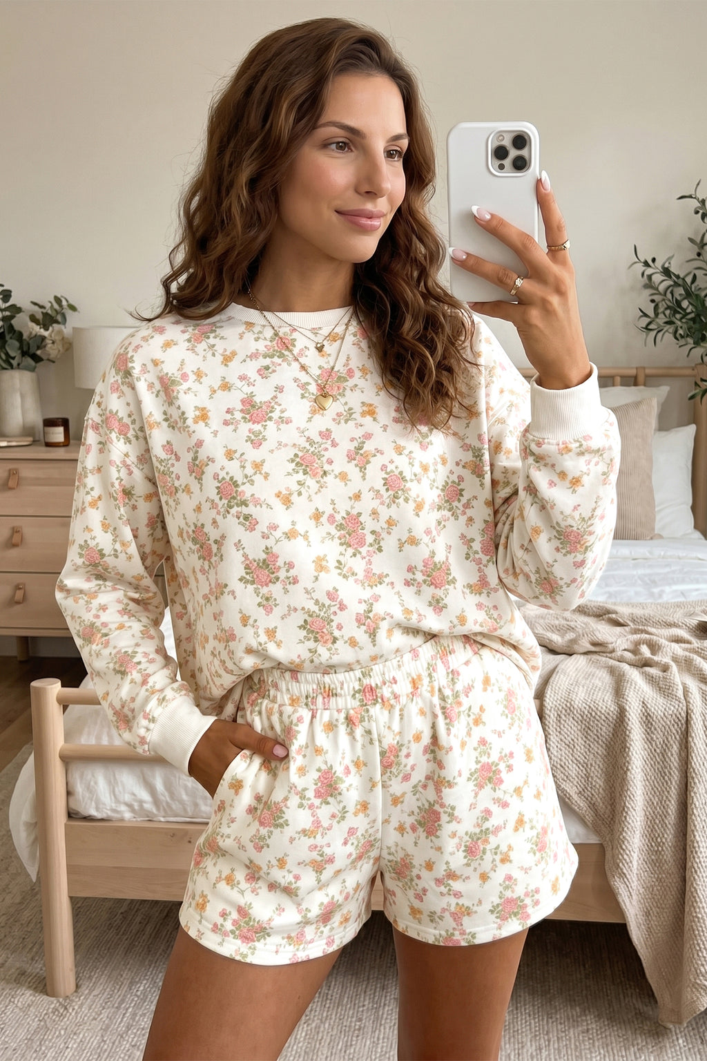 Beige Floral Print Long Sleeve Shift Top Pocketed Shorts 2pcs Set 🇺🇸