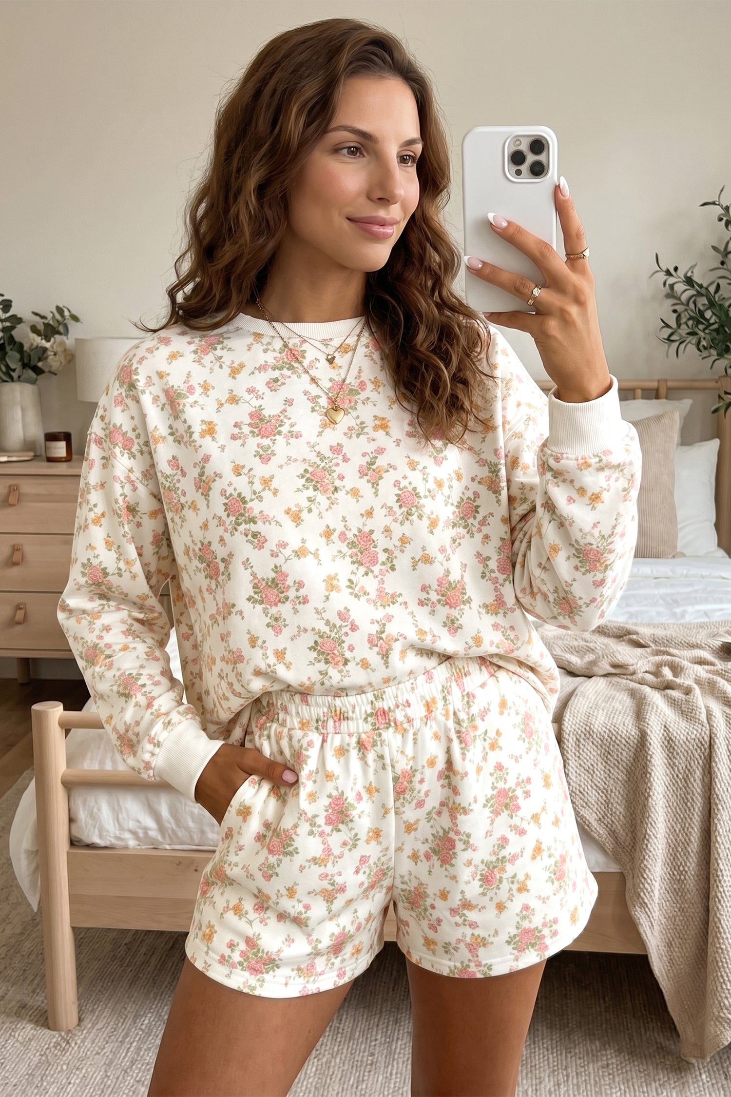 Beige Floral Print Long Sleeve Shift Top Pocketed Shorts 2pcs Set 🇺🇸
