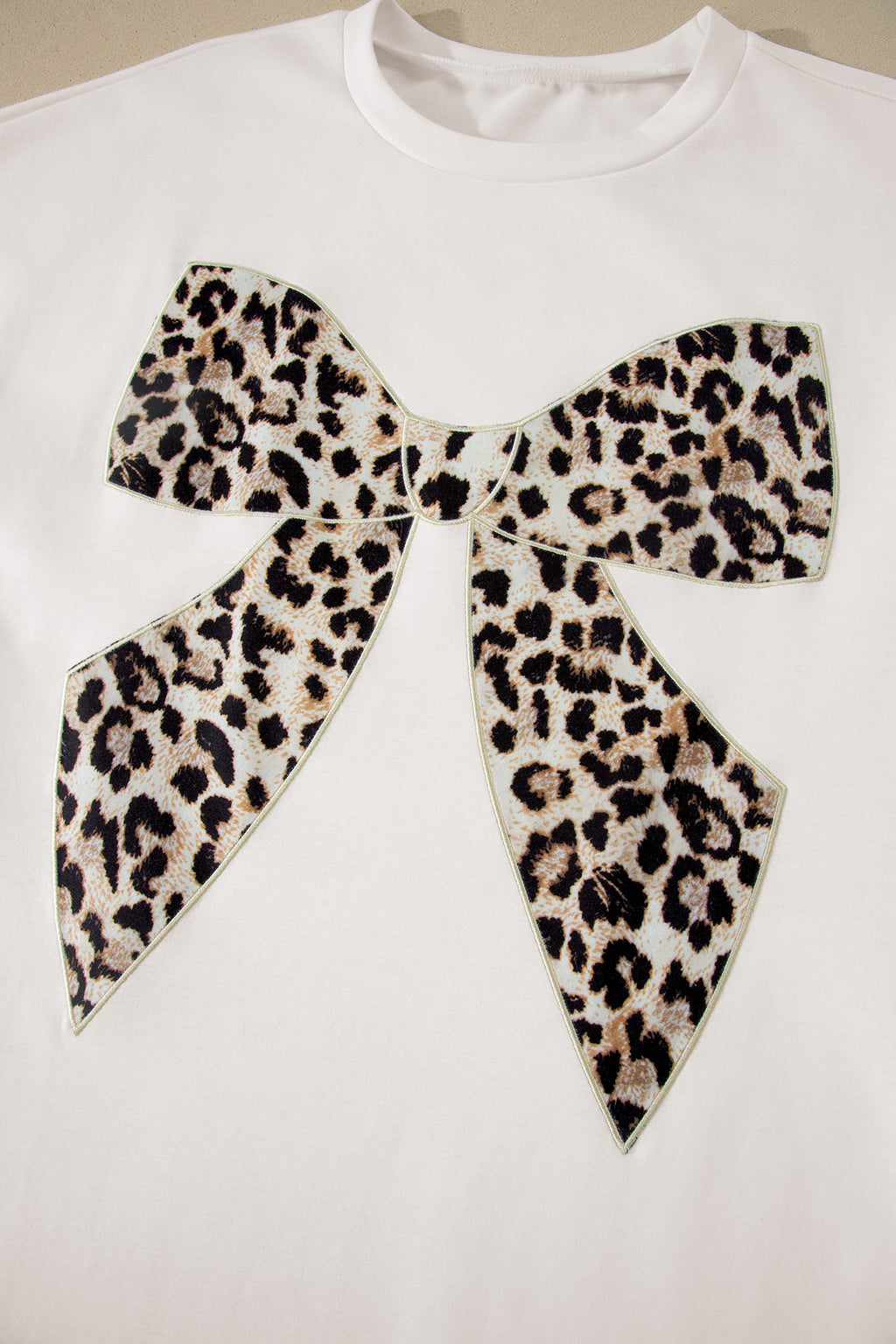 White Contrast Leopard Bow Patched Short Sleeve T Shirt Long Dress 🇺🇸