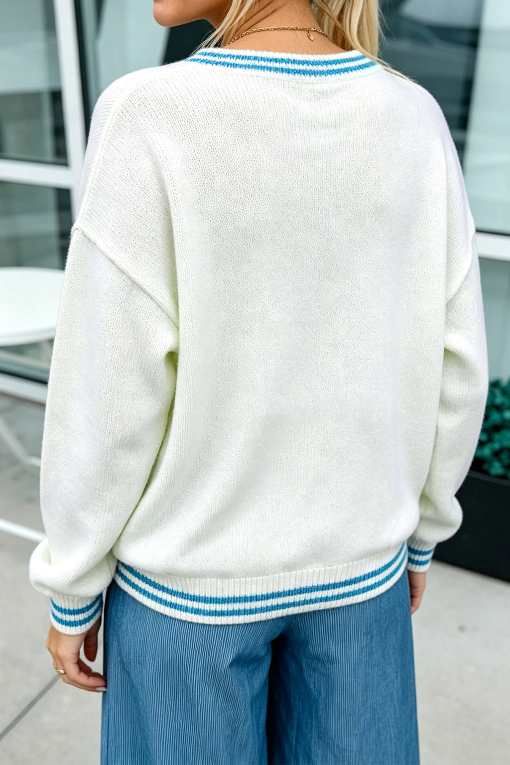 Light Blue Bulldog Contrast Trim Round Neck Casual Sweater 🇺🇸