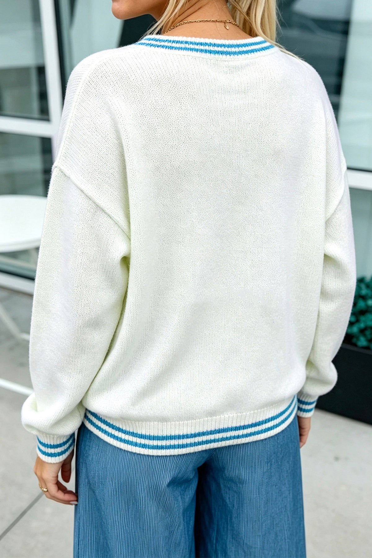 Light Blue Bulldog Contrast Trim Round Neck Casual Sweater 🇺🇸