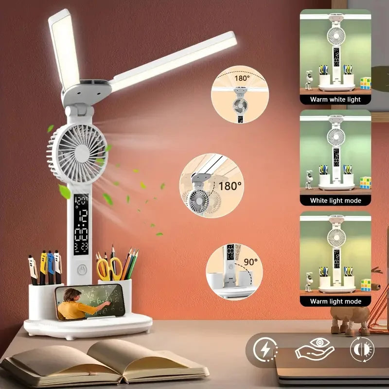 Foldable LED Table Light Eye Protection Multifunction Desk Lamp With Thermometer Calendar Fan Pen Holder Study Reading Fan Light 🇨🇳