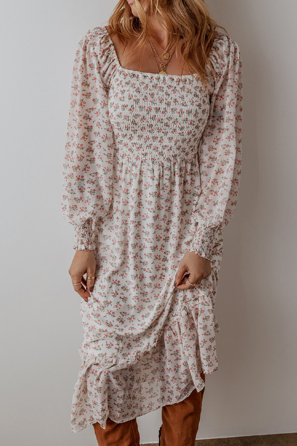 White Floral Print Shirred Ruffled Hem Square Neck Midi Dress 🇺🇸